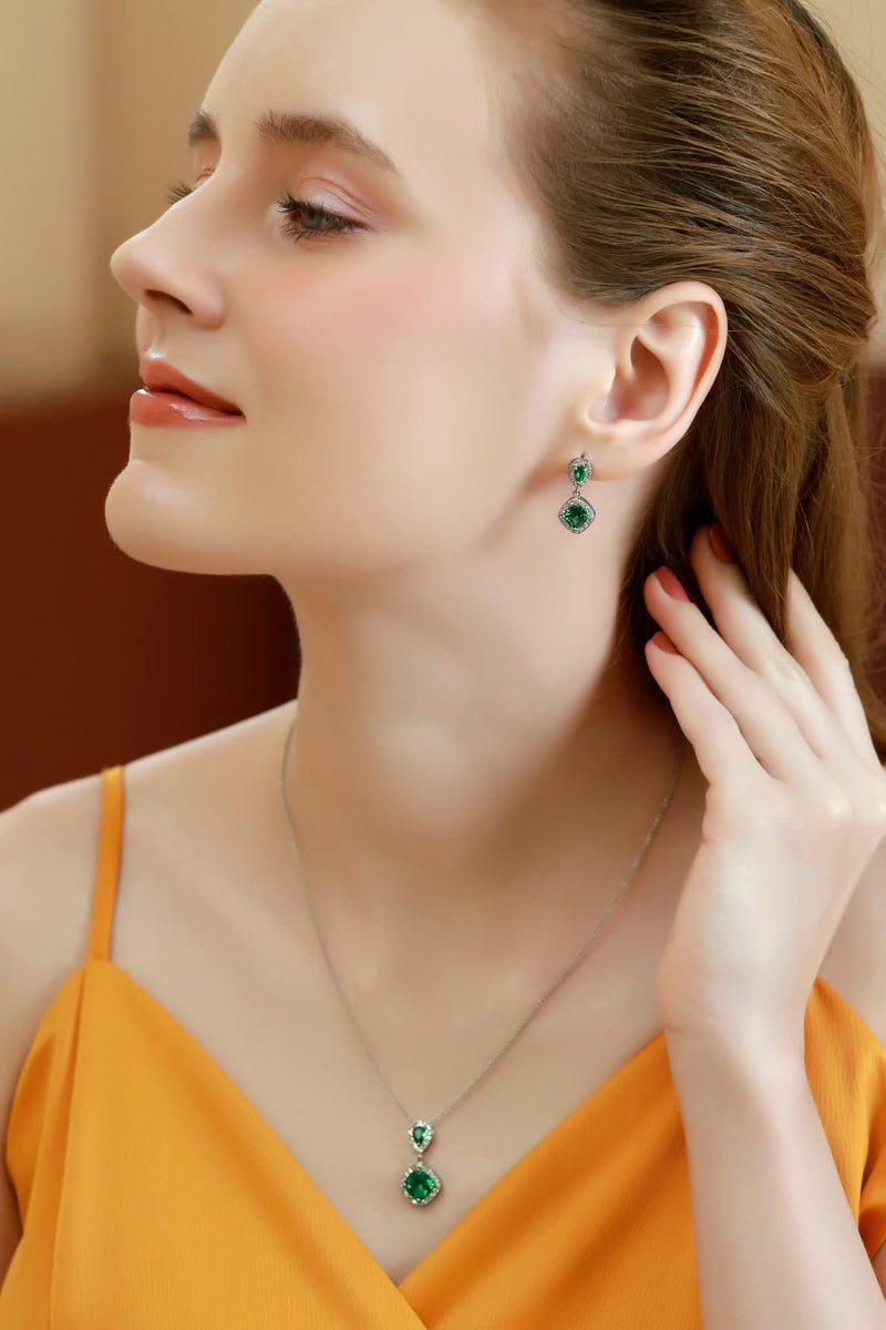 B. BRILLIANT Drop Earrings for Women Sterling Silver Necklace Synthetic Green Quartz and White Topaz Pendant Dangle Ear Emerald Color Jewelry Set for Bridesmaids Prom - Image 2